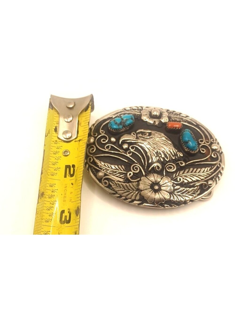 Vintage Navajo Turquoise & Coral Handcrafted Eagle Belt Buckle SSI 88 USA 120g - Picture 8 of 10